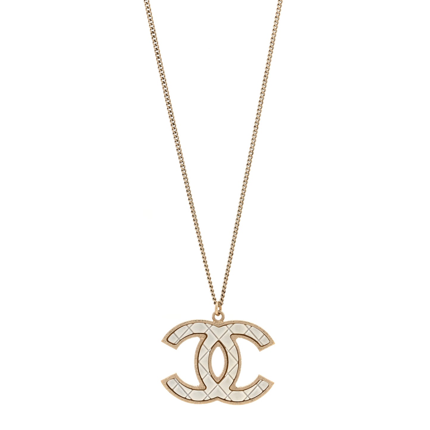 Metal Quilted CC Pendant Necklace Gold White
