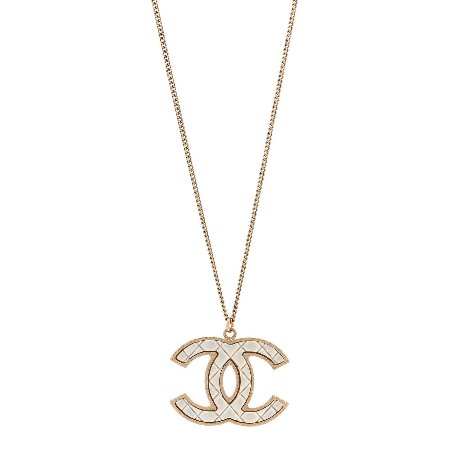 Chanel Metal Quilted CC Pendant Necklace Gold White 1 of 5