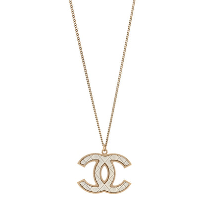 Chanel Metal Quilted CC Pendant Necklace Gold White 1 of 5