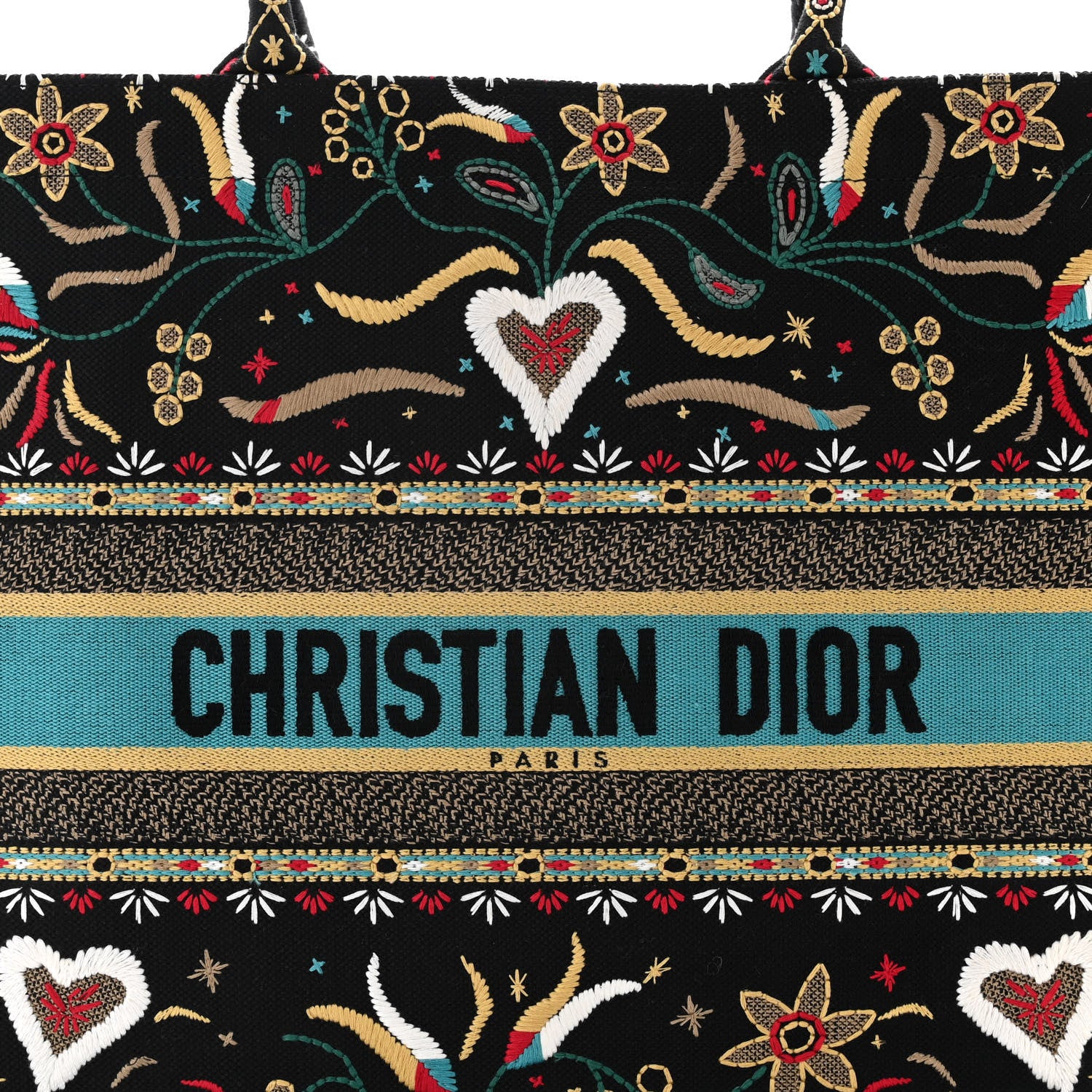 Christian Dior Canvas Embroidered Large Flowers Heart Book Tote Black Multicolor 8 of 10