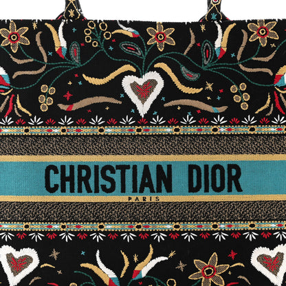 Christian Dior Canvas Embroidered Large Flowers Heart Book Tote Black Multicolor 8 of 10
