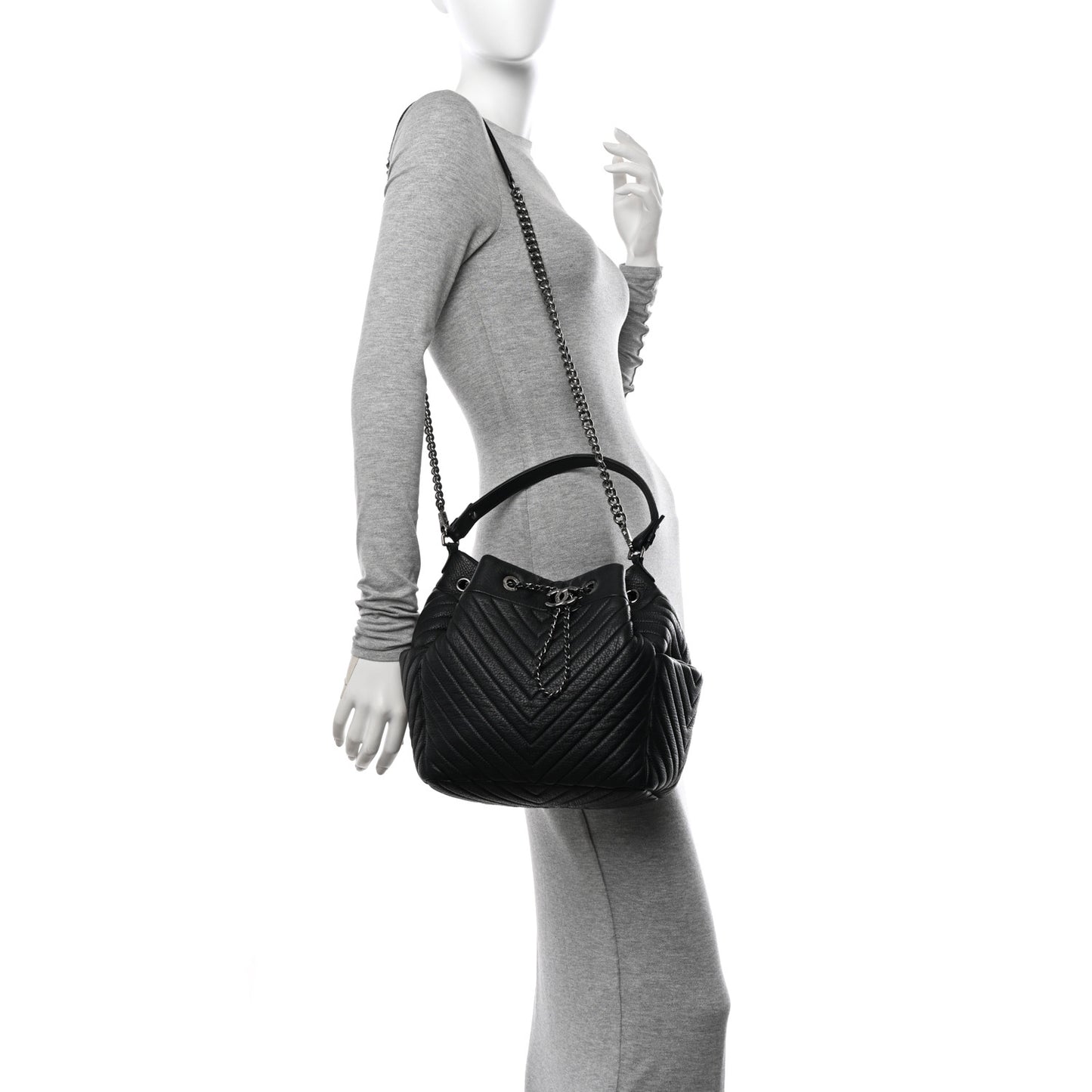 Deerskin Chevron Medium CC Chain Bucket Drawstring Bag Black