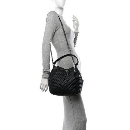 Chanel Deerskin Chevron Medium CC Chain Bucket Drawstring Bag Black 2 of 11