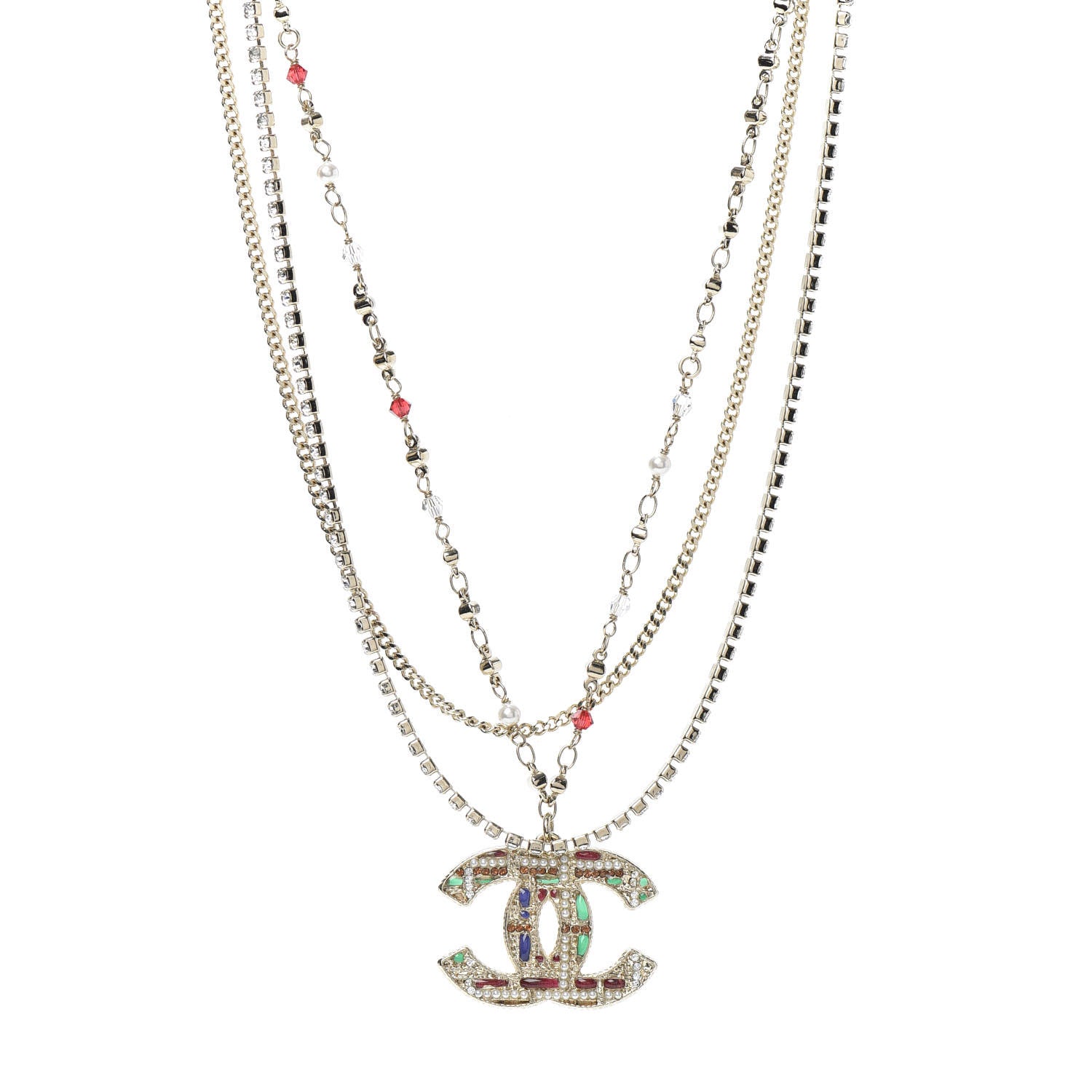 Chanel Pearl Large CC Pendant Necklace Gold Green Red 1 of 4