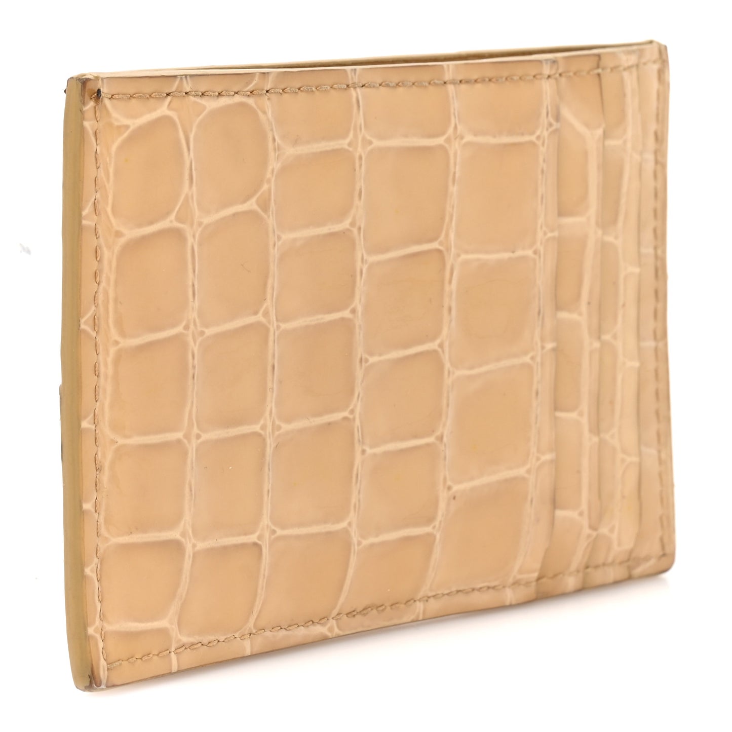 Gloss Calfskin Crocodile Embossed Card Holder Wallet Praline