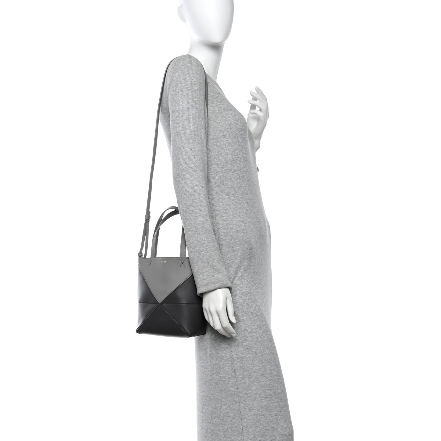 Shiny Calfskin Mini Puzzle Fold Tote Pearl Grey Dark Grey