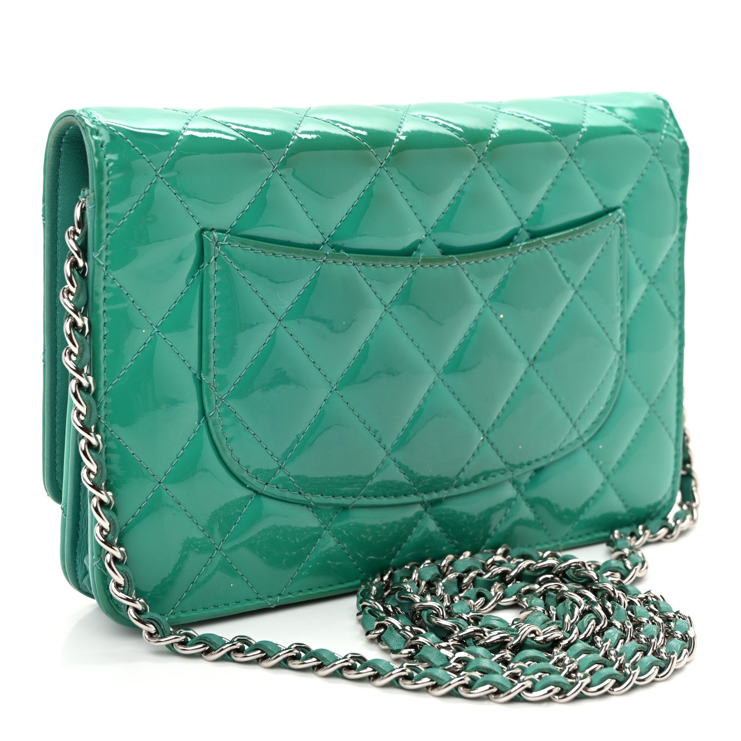 Chanel Patent Quilted Wallet On Chain WOC Green 3 of 11
