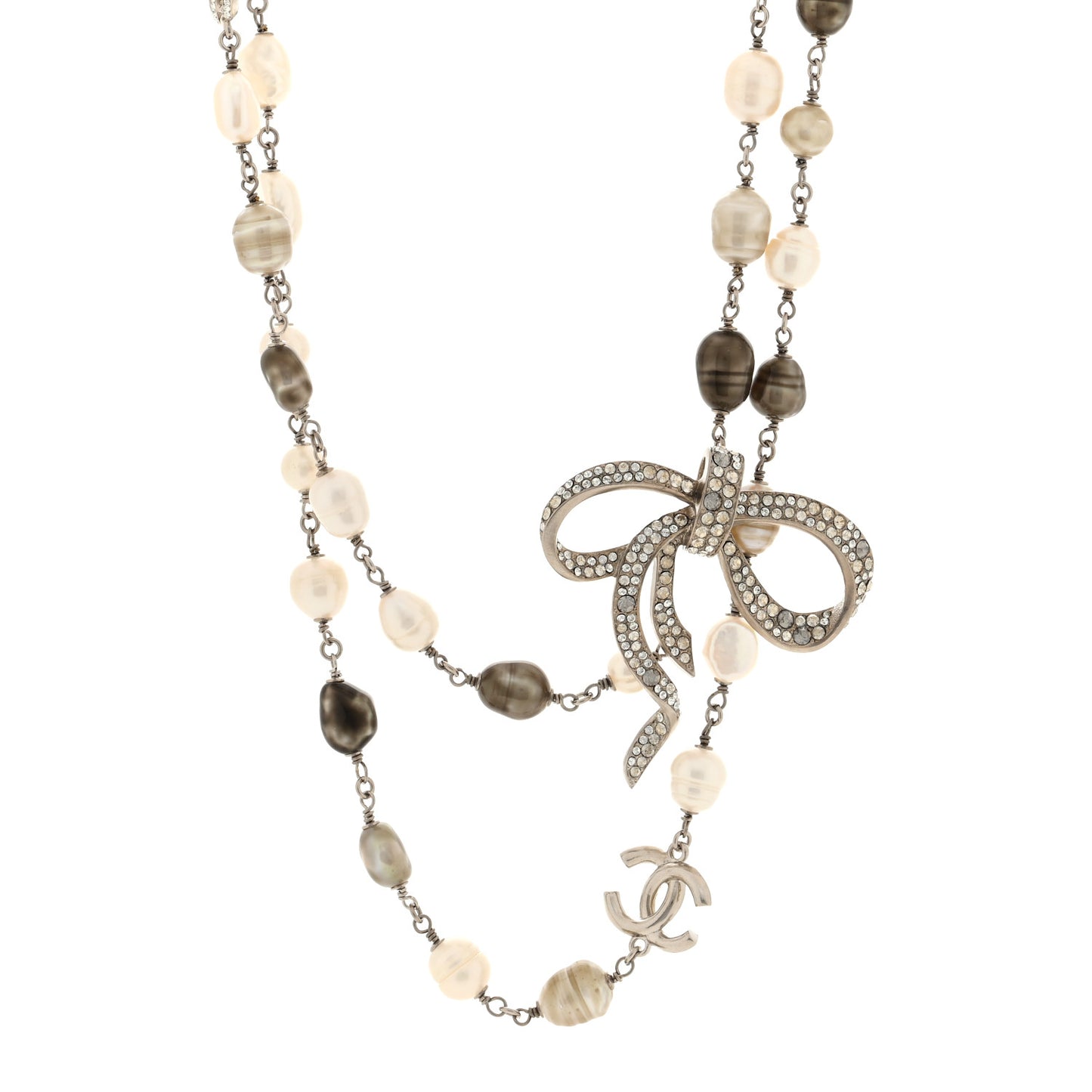 Crystal Pearl CC Bow Long Necklace Silver Grey