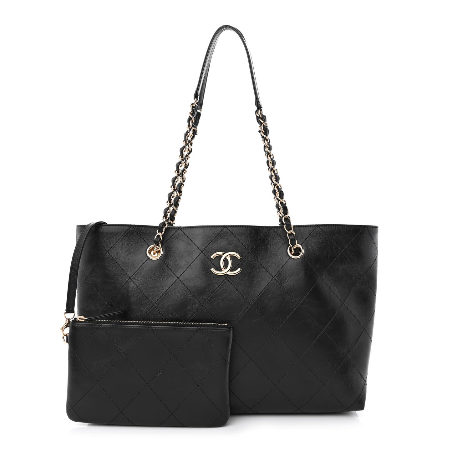 Glazed Calfskin Stitched Shopping Tote Black