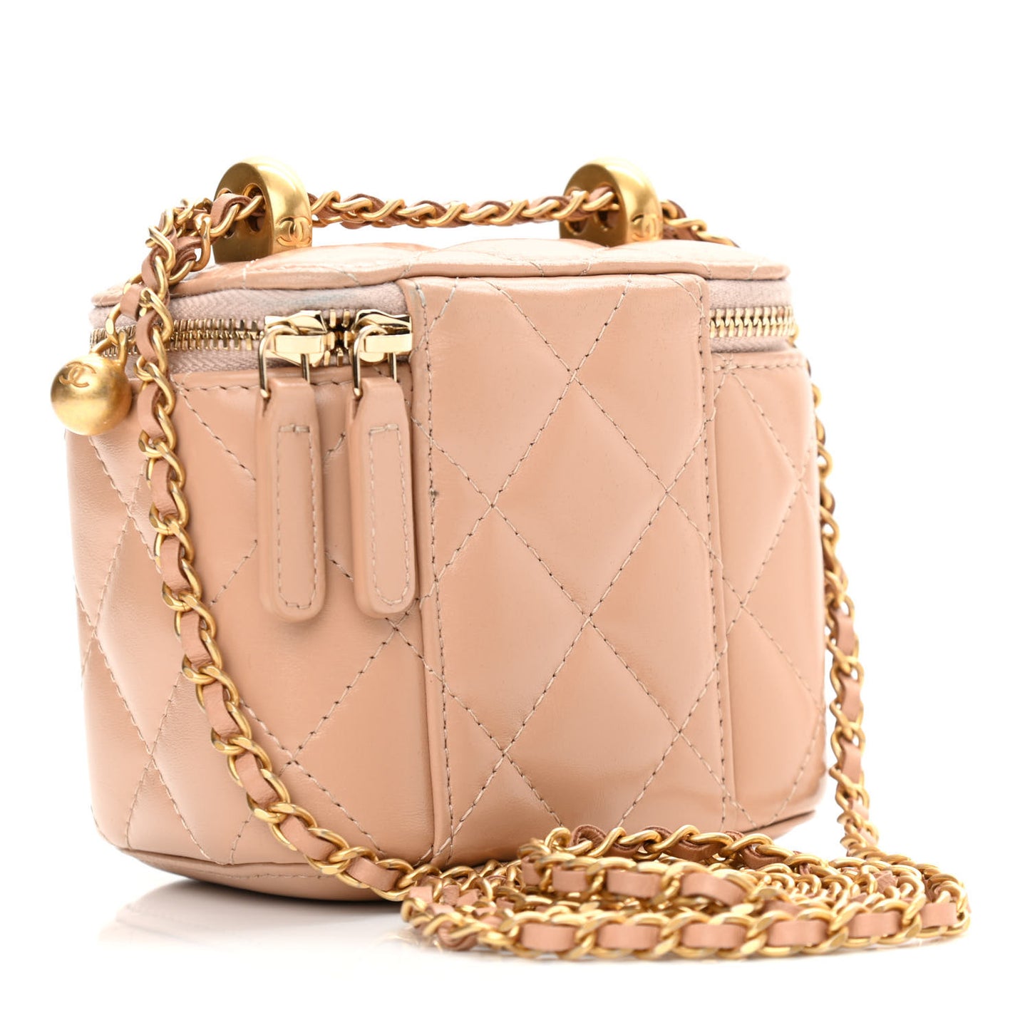 Calfskin Quilted Mini Perfect Fit Vanity Case With Chain Beige