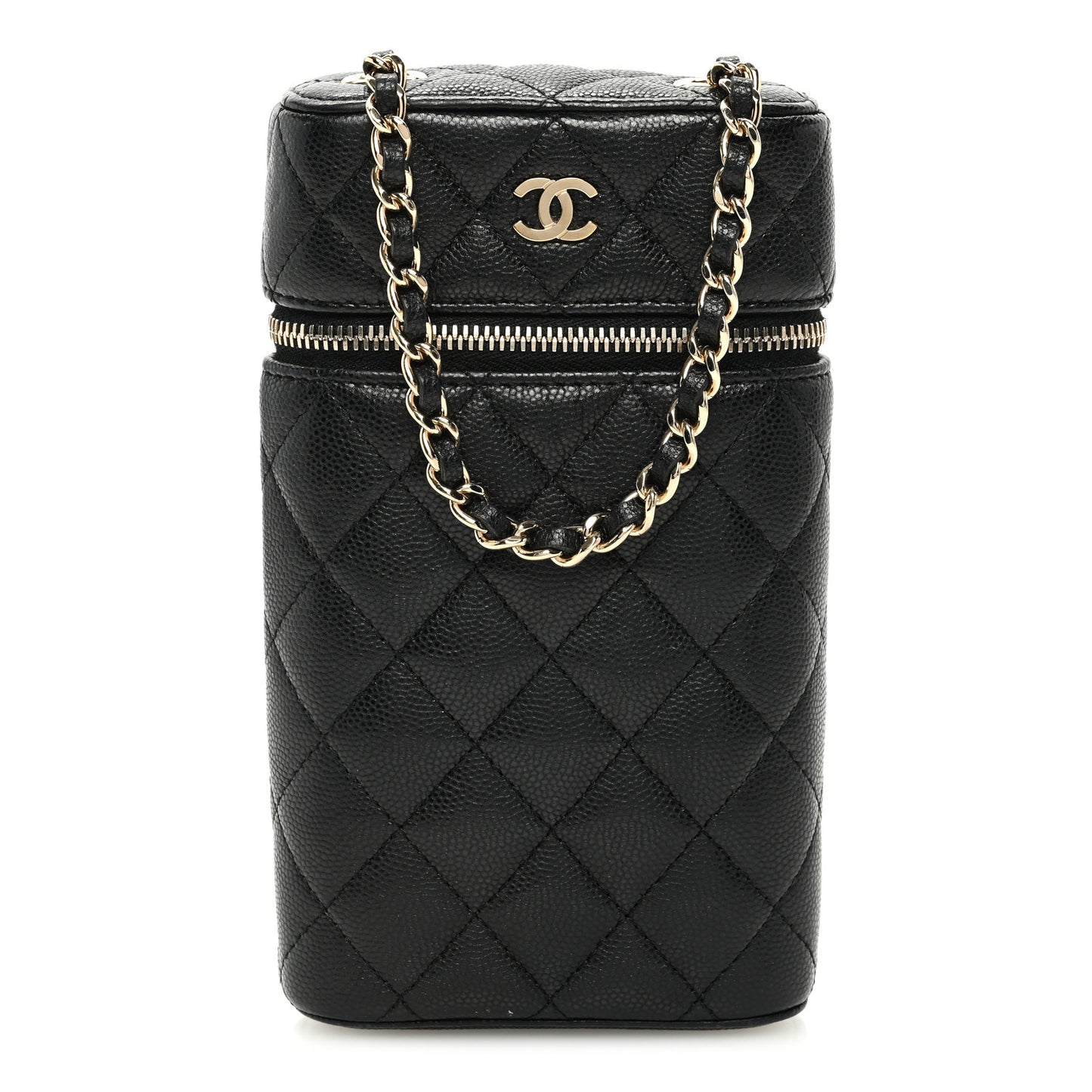 Caviar Quilted Phone Holder With Chain Black