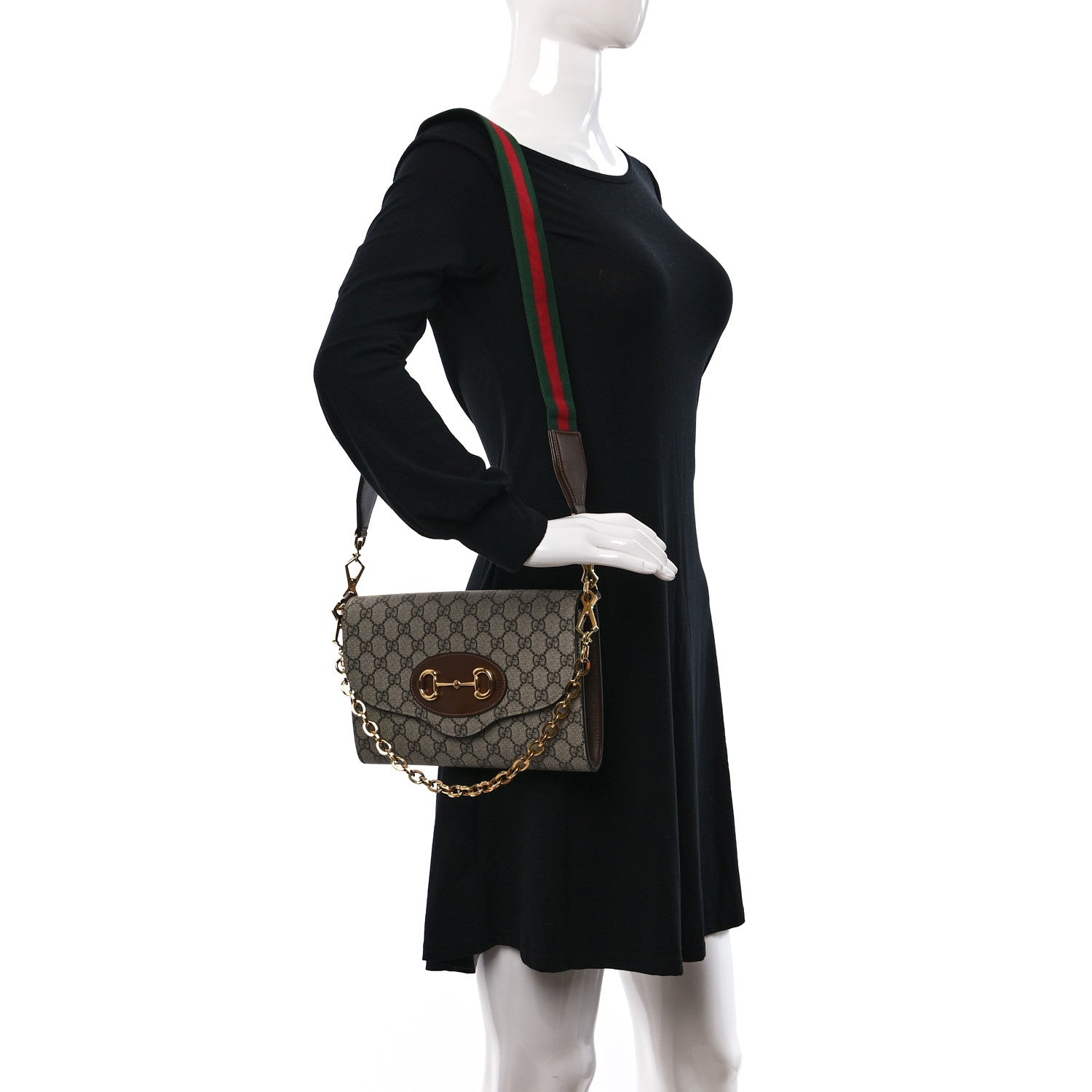 Gucci GG Supreme Monogram Azalea Calfskin Web Small Horsebit 1955 Crossbody Bag Beige Ebony Brown Sugar 2 of 10