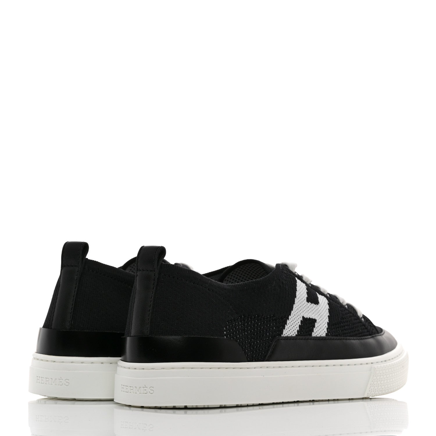 Hermes Knit Fabric Calfskin Deep Sneakers 38.5 Black White 4 of 9