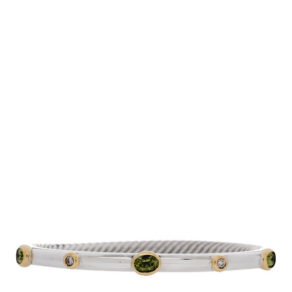 David Yurman Sterling Silver 18K Yellow Gold Diamond Peridot Cable Hinged Bracelet 1 of 4