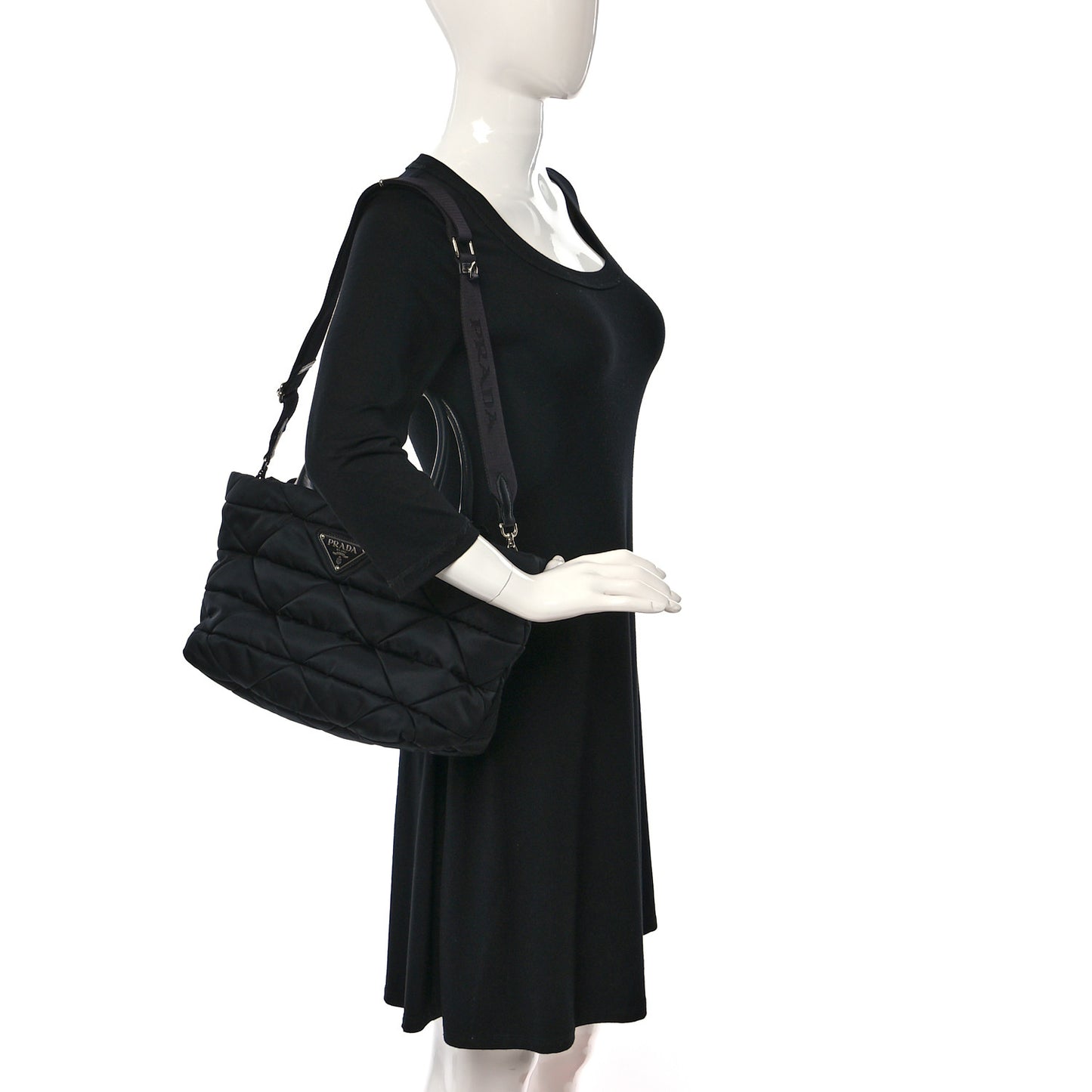 Re-Nylon Nappa Triangle Quilted Padded Small Double Handled Zip Tote Black