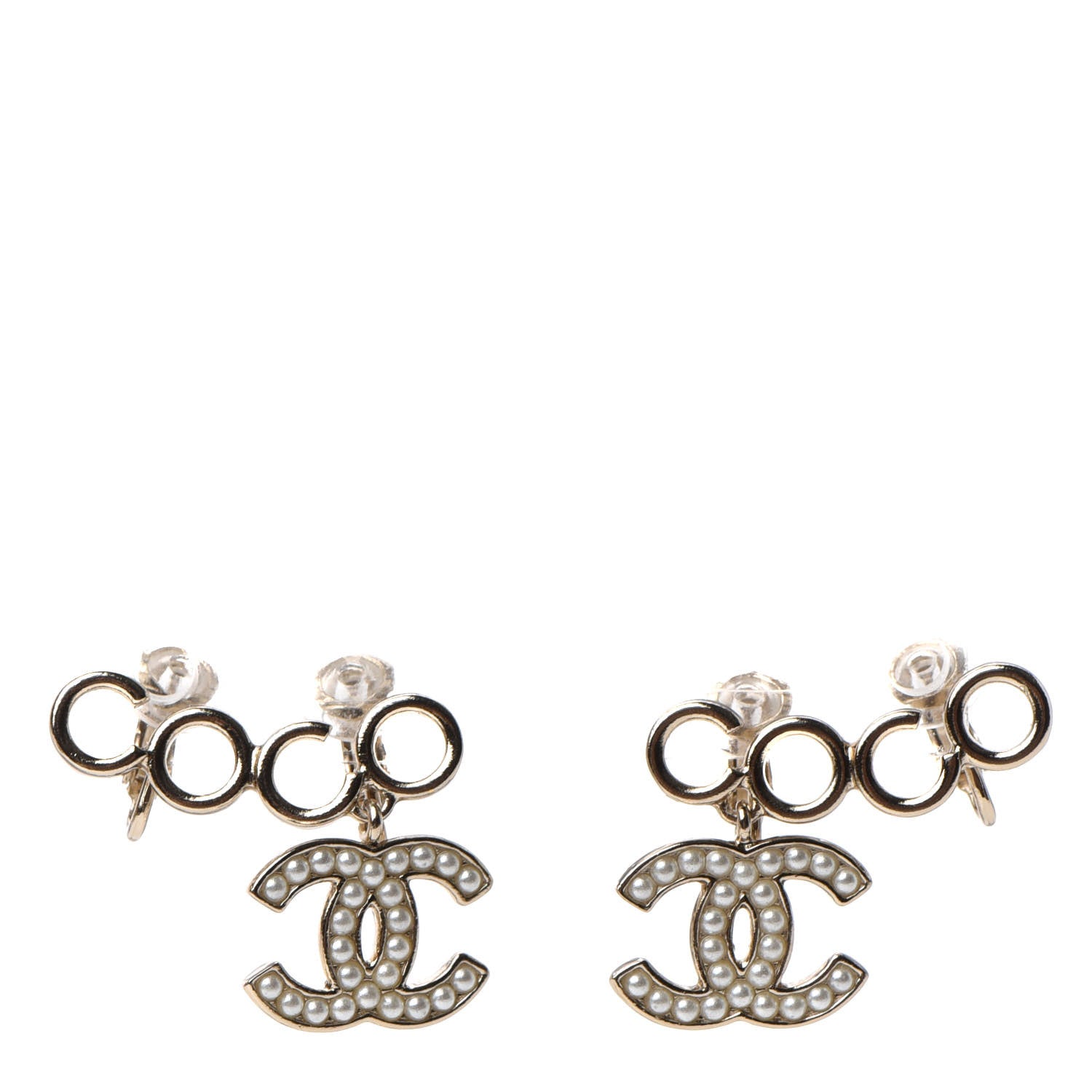 Chanel Metal Pearl CC Coco Climber Clip On Earrings Gold 1 of 4