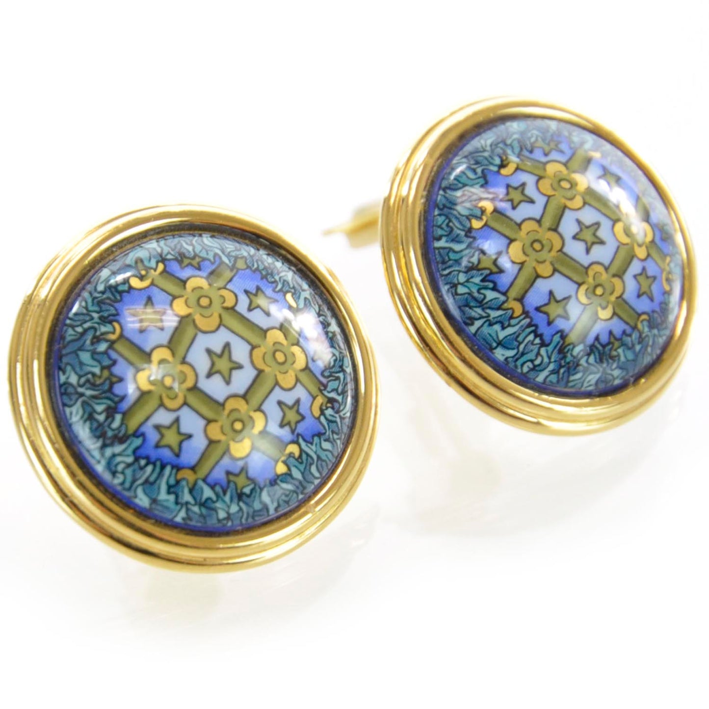 Enamel Button Clip On Earrings Bleu Print
