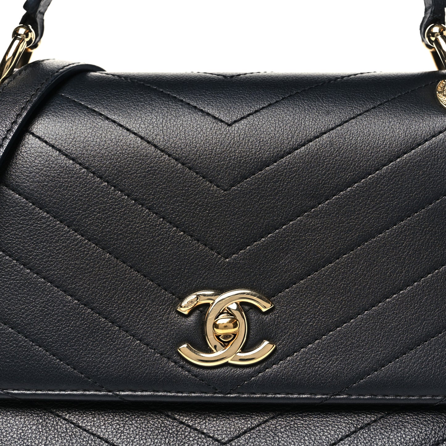Grained Calfskin Chevron Stitched Small Chic Top Handle Flap Black