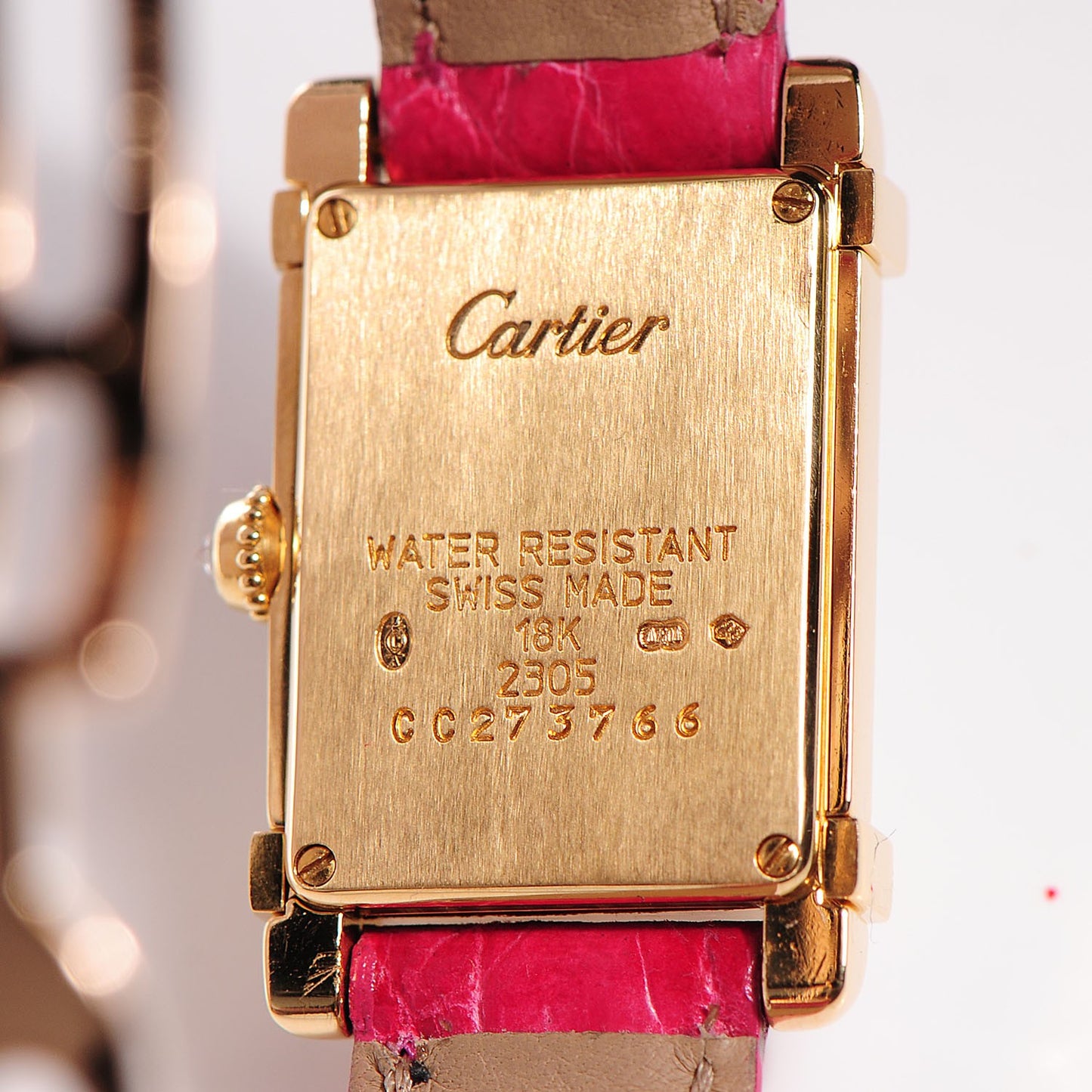 18K Yellow Gold Alligator Diamond 20mm Tank Chinoise Quartz Watch Pink
