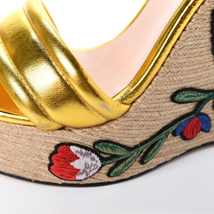 Gucci Metallic Nappa Ophelia Espadrille Platform Wedge Sandals 40 Oro Vecchio 9 of 13