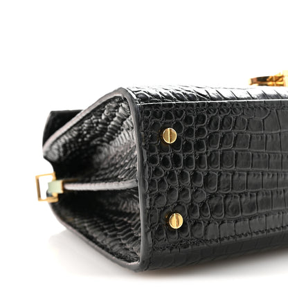 Saint Laurent Calfskin Crocodile Embossed Mini Classic Monogram Cassandra Top Handle Black 8 of 10
