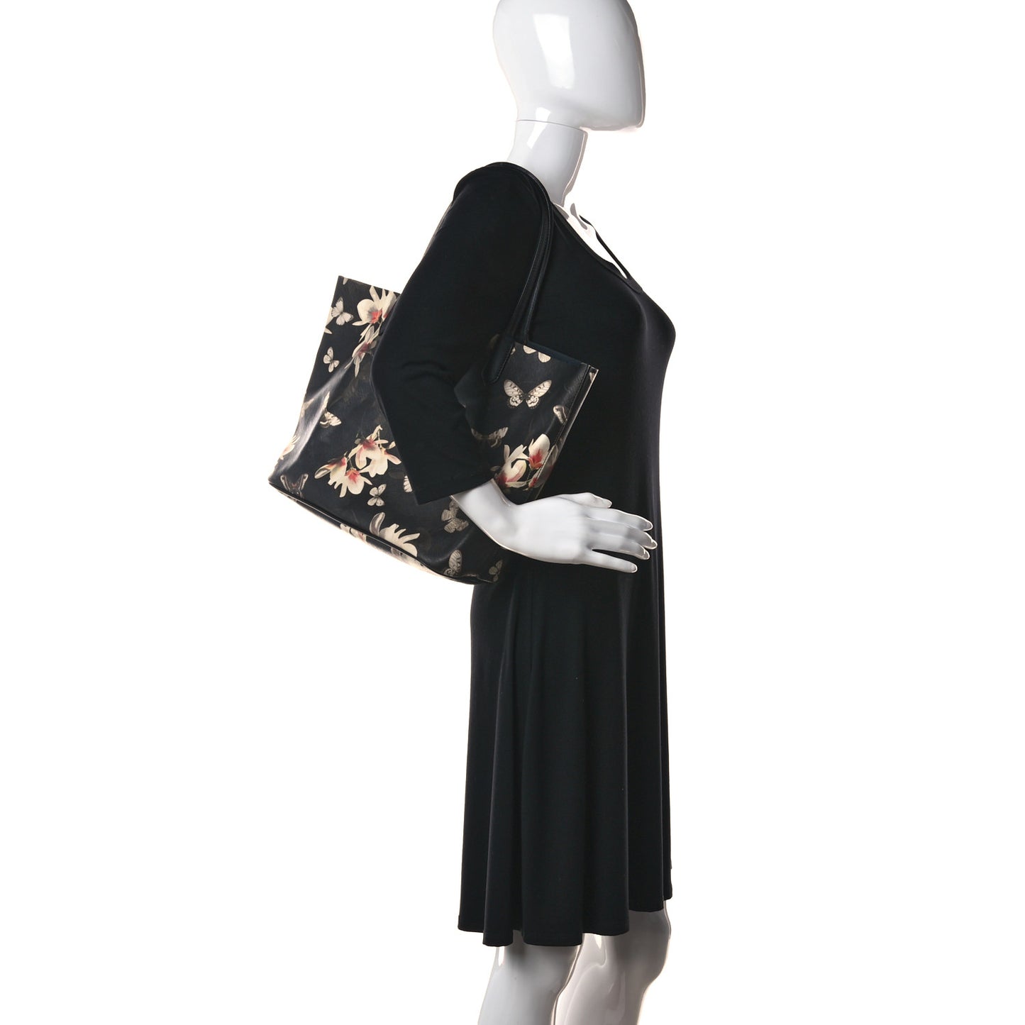 Coated Canvas Magnolia and Moth Print Medium Antigona Tote Black