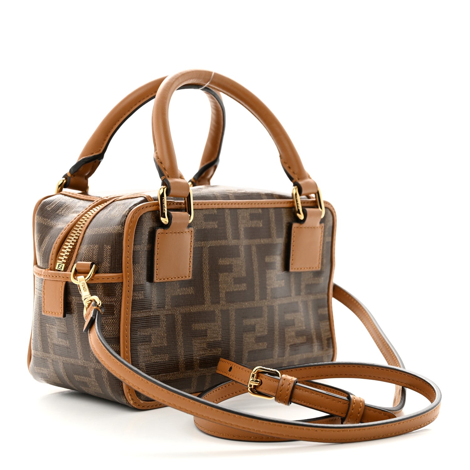 Fendi Glazed Fabric Vitello Century FF 1974 Stamp Patch Mini Boston Box Bag Mogano Panna Caramello 3 of 13