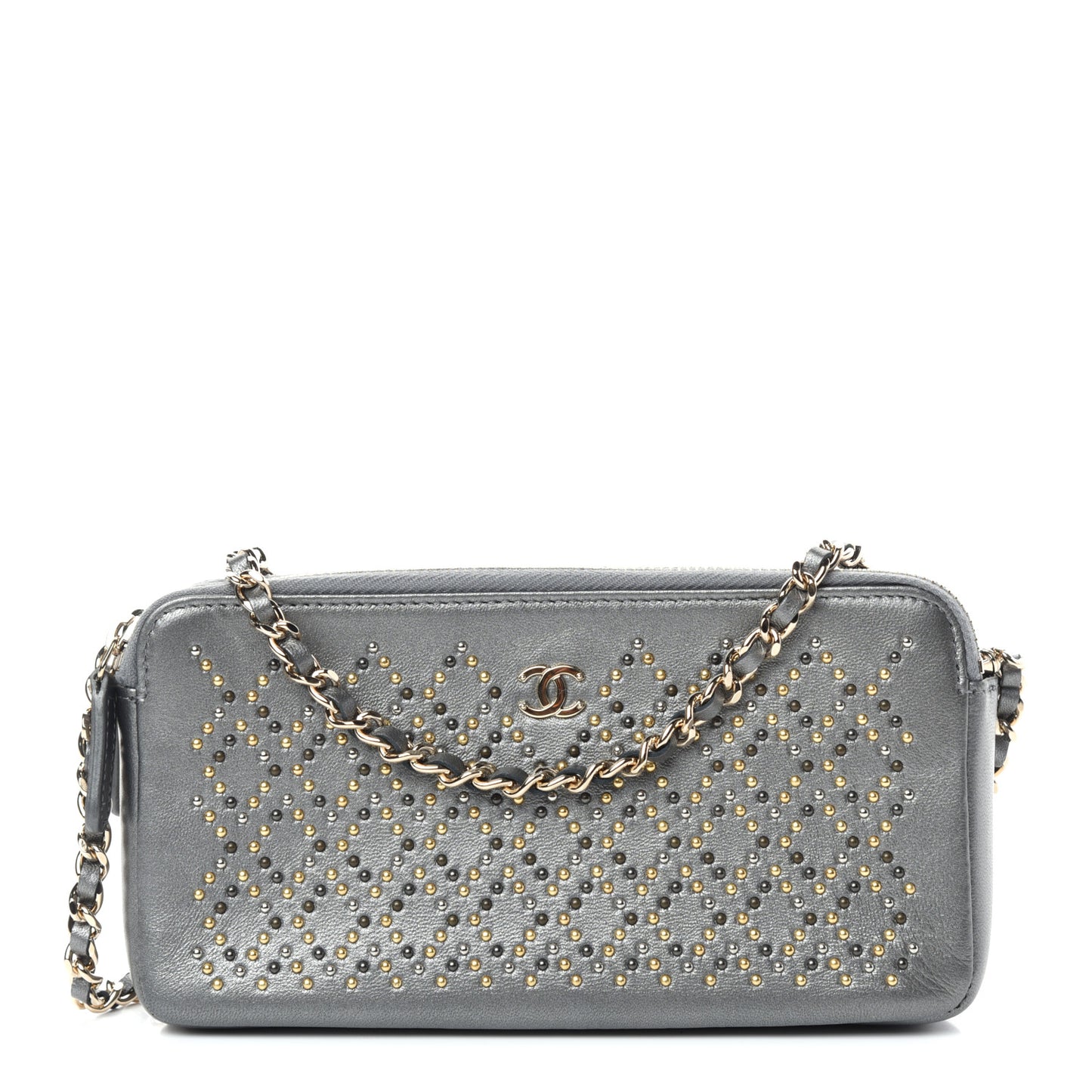 Lambskin Metallic Studded Clutch With Chain Grey