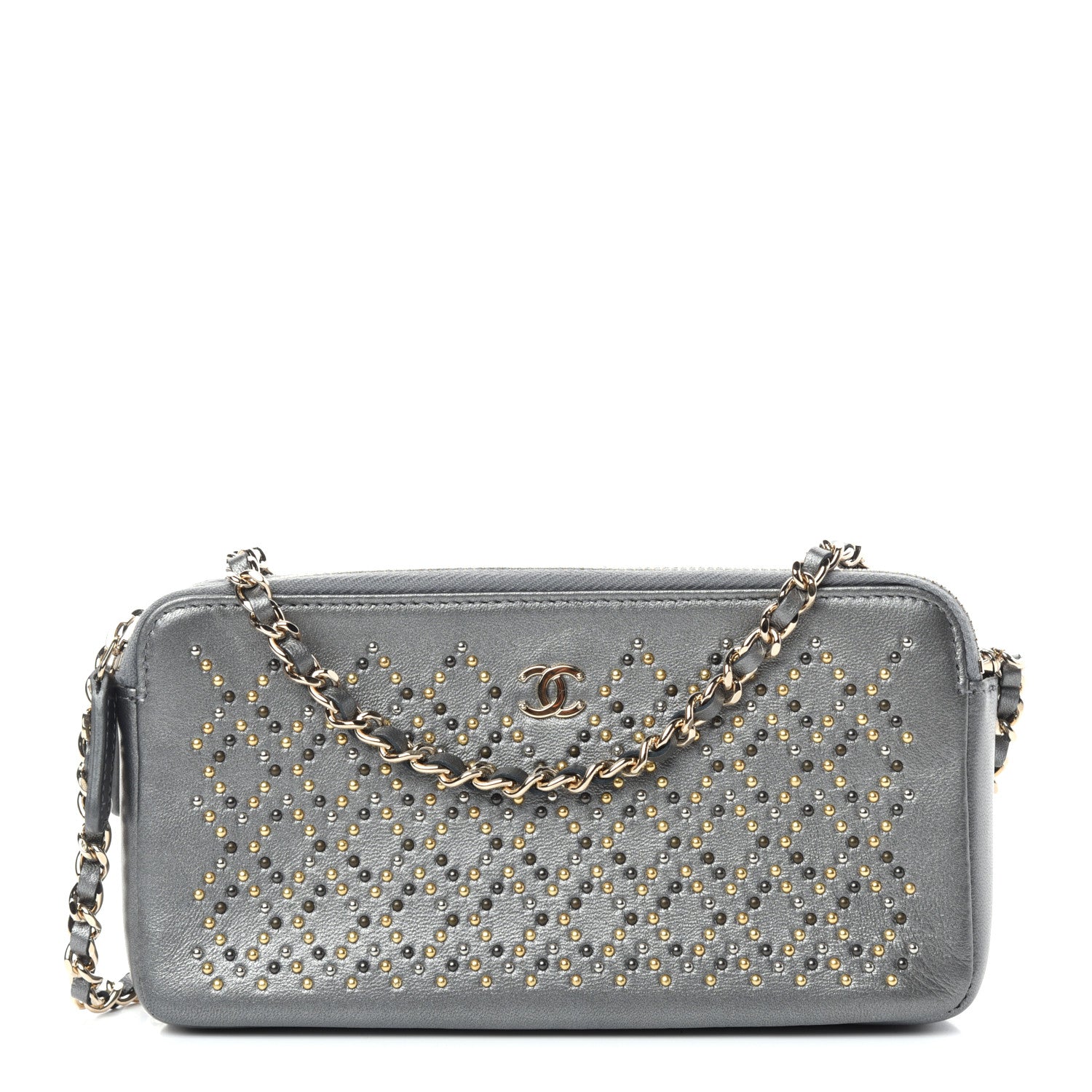 Chanel Lambskin Metallic Studded Clutch With Chain Grey 1 of 9