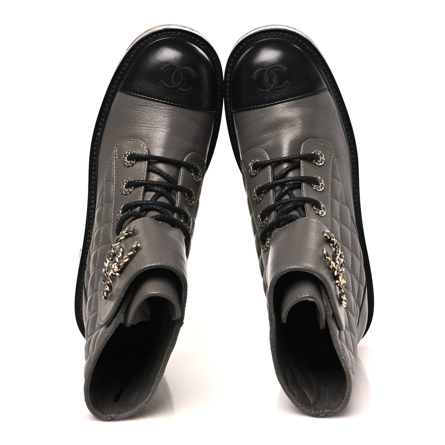 Chanel Shiny Lambskin Quilted Lace Up Combat Boots 39.5 Grey Black 2 of 10