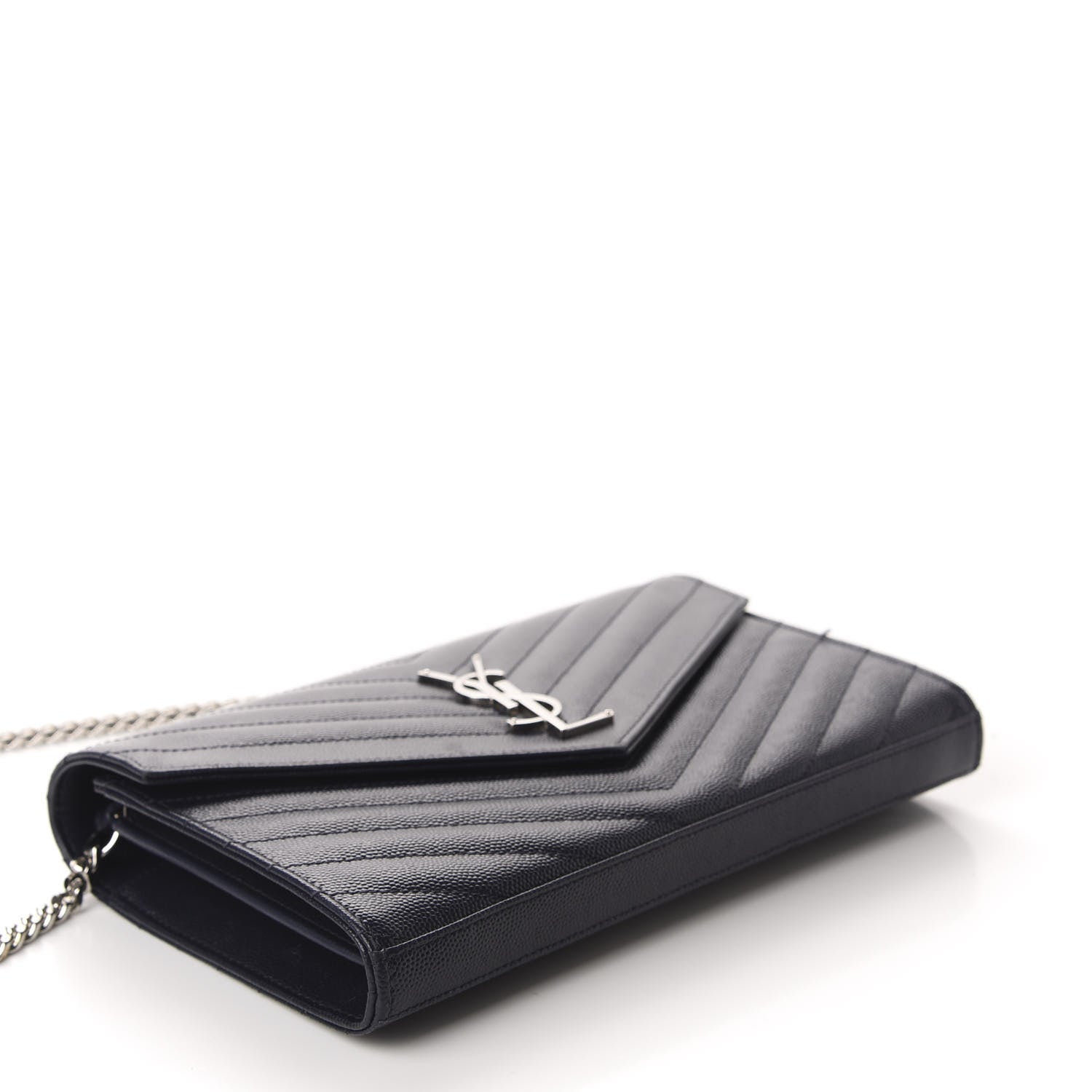 Saint Laurent Grain De Poudre Matelasse Chevron Monogram Chain Wallet Deep Marine 4 of 11