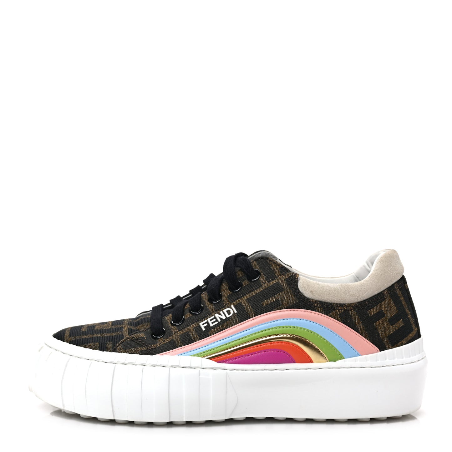 Fabric Jacquard FF Rainbow Womens Fendi Force Low-Top Sneakers 37 Tobacco Black White Multicolor
