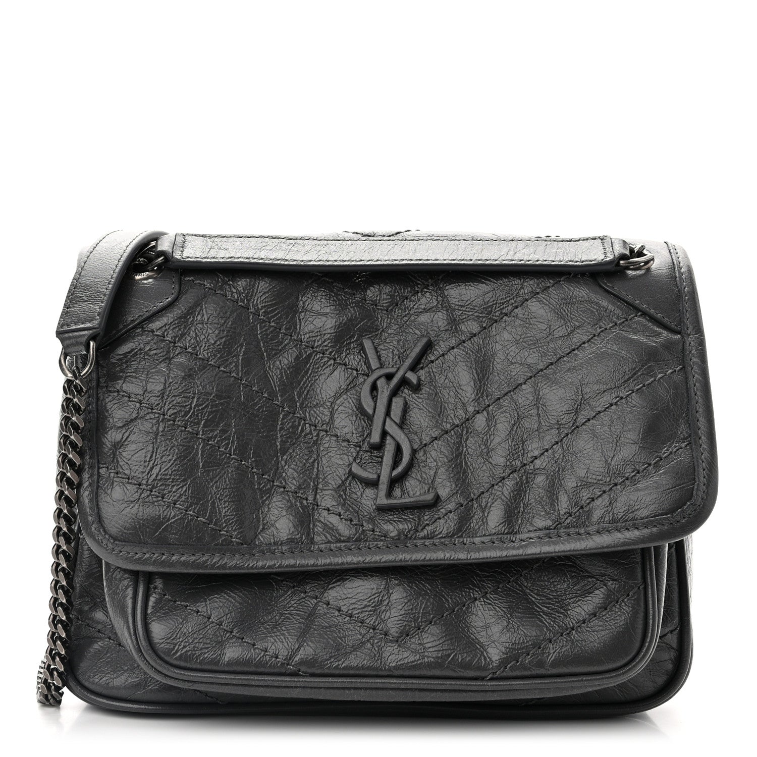 Saint Laurent Crinkled Calfskin Matelasse Monogram Baby Niki Chain Satchel Storm 1 of 11