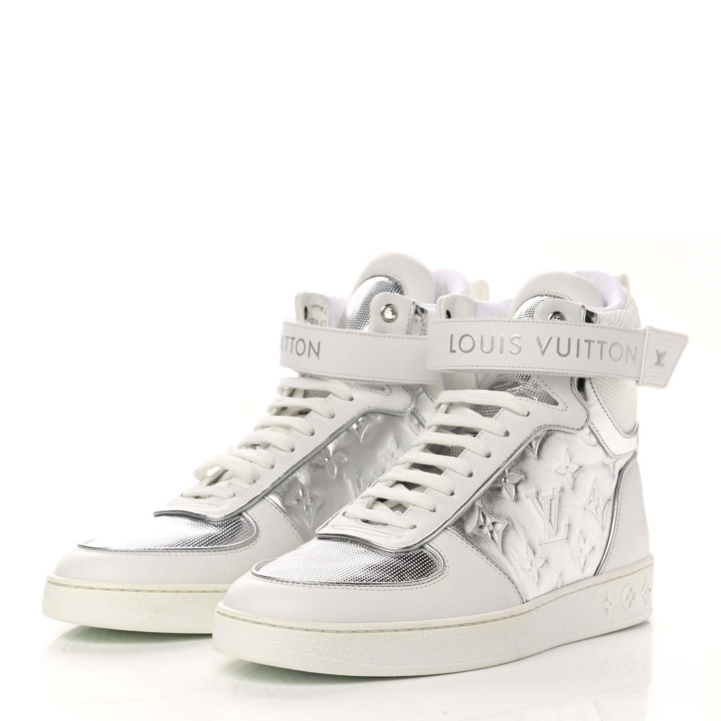 Metallic Calfskin Embossed Monogram Boombox Sneakers 39 White Silver