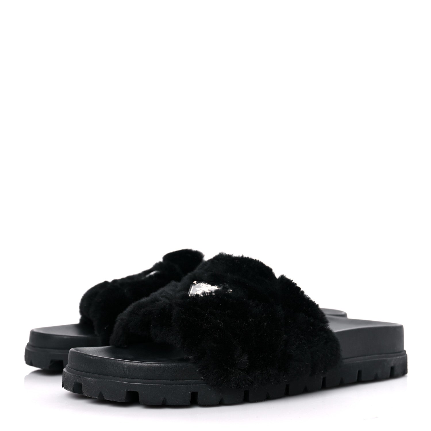 Prada Montone Metal Triangle Logo Lug Sole 20mm Slide Sandals 39 Black 3 of 8