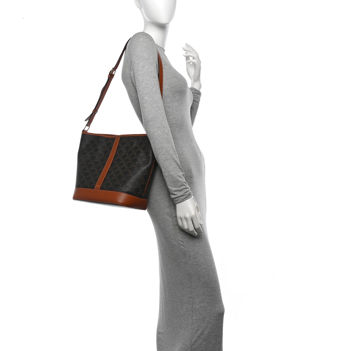 Triomphe Canvas Calfskin Medium Bucket Bag Tan