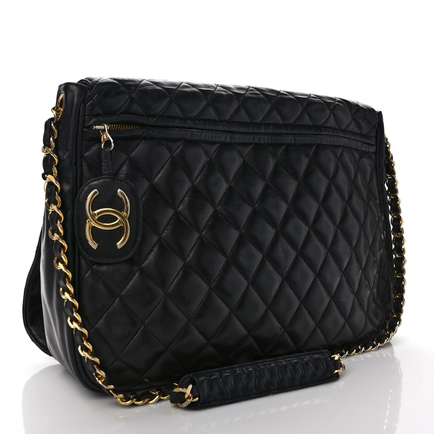 Aged Calfskin Quilted Messenger Bag Black