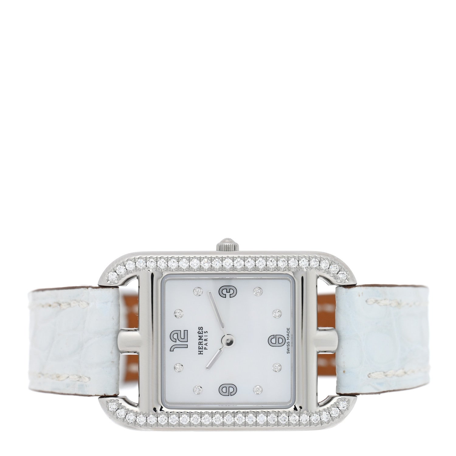 Hermes Stainless Steel Alligator Diamond Bezel Mother of Pearl 23mm Cape Cod Quartz Watch Bleu Brum 2 of 5