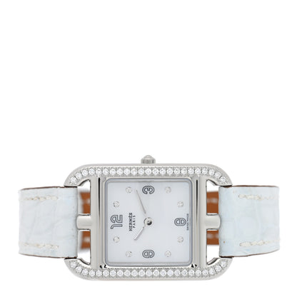 Hermes Stainless Steel Alligator Diamond Bezel Mother of Pearl 23mm Cape Cod Quartz Watch Bleu Brum 2 of 5