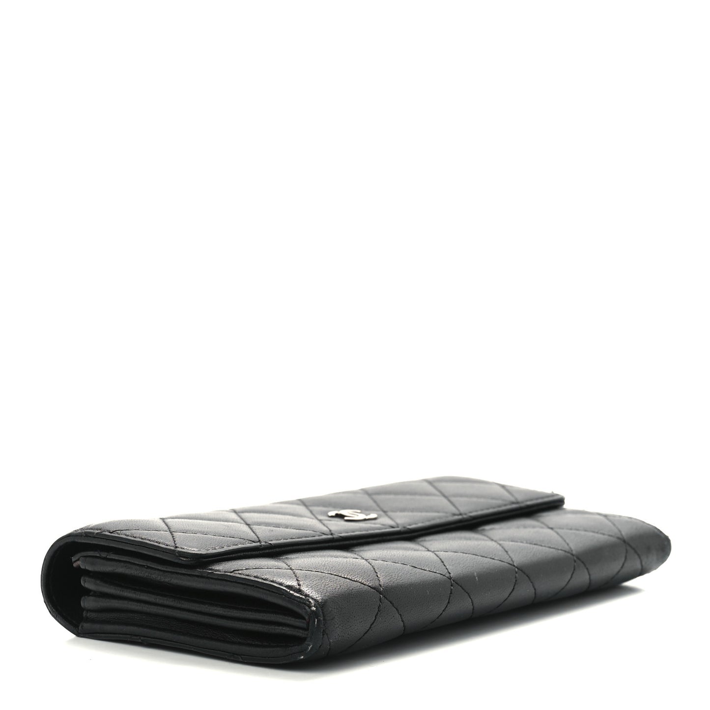 Lambskin Quilted Large Gusset Flap Wallet Black