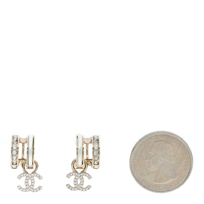 Chanel Crystal CC Hoop Drop Earrings Gold Pearly White 2 of 5