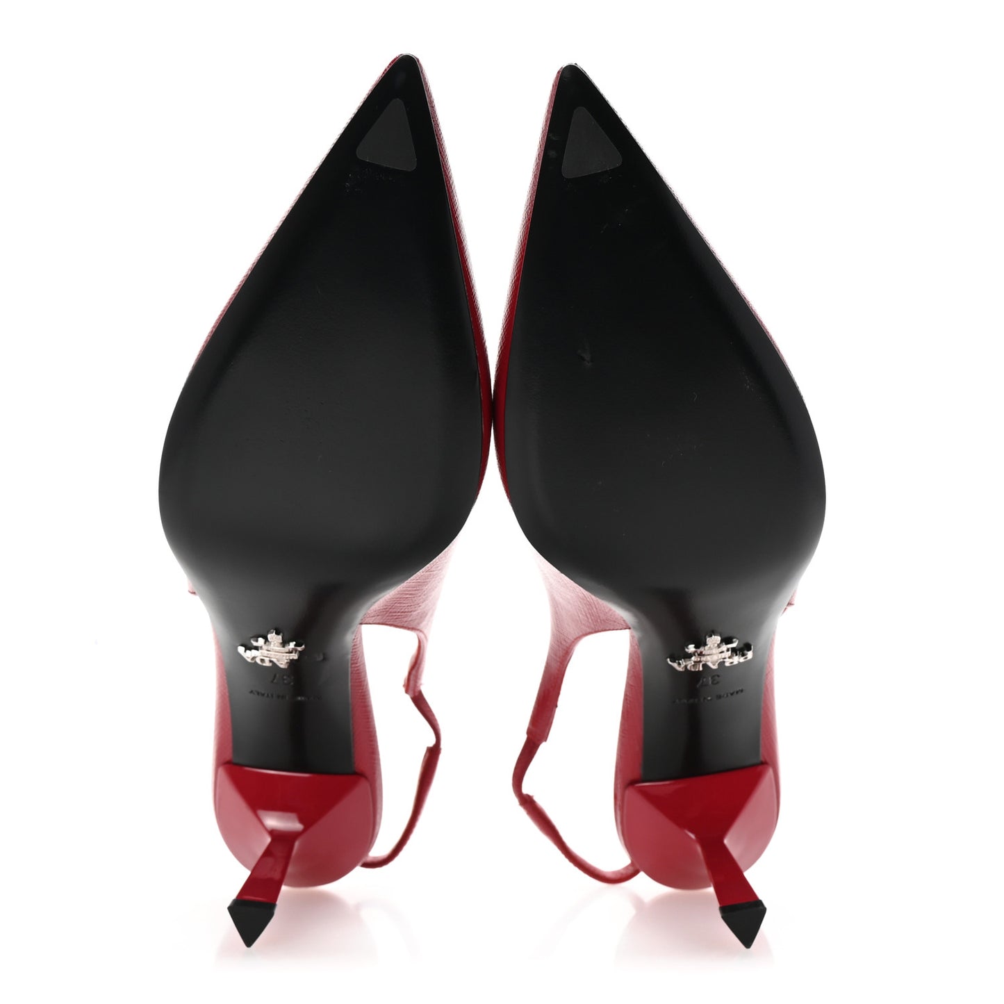 Vernice Saffiano Triangle Logo Pointed Toe 75mm Slingback Pumps 37 Cherry Red