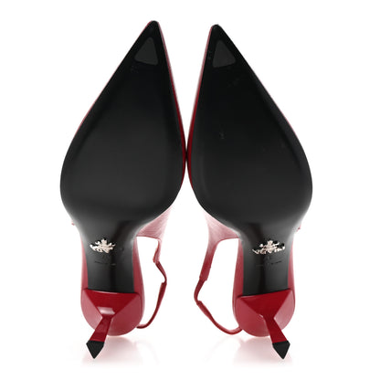 Prada Vernice Saffiano Triangle Logo Pointed Toe 75mm Slingback Pumps 37 Cherry Red 6 of 9