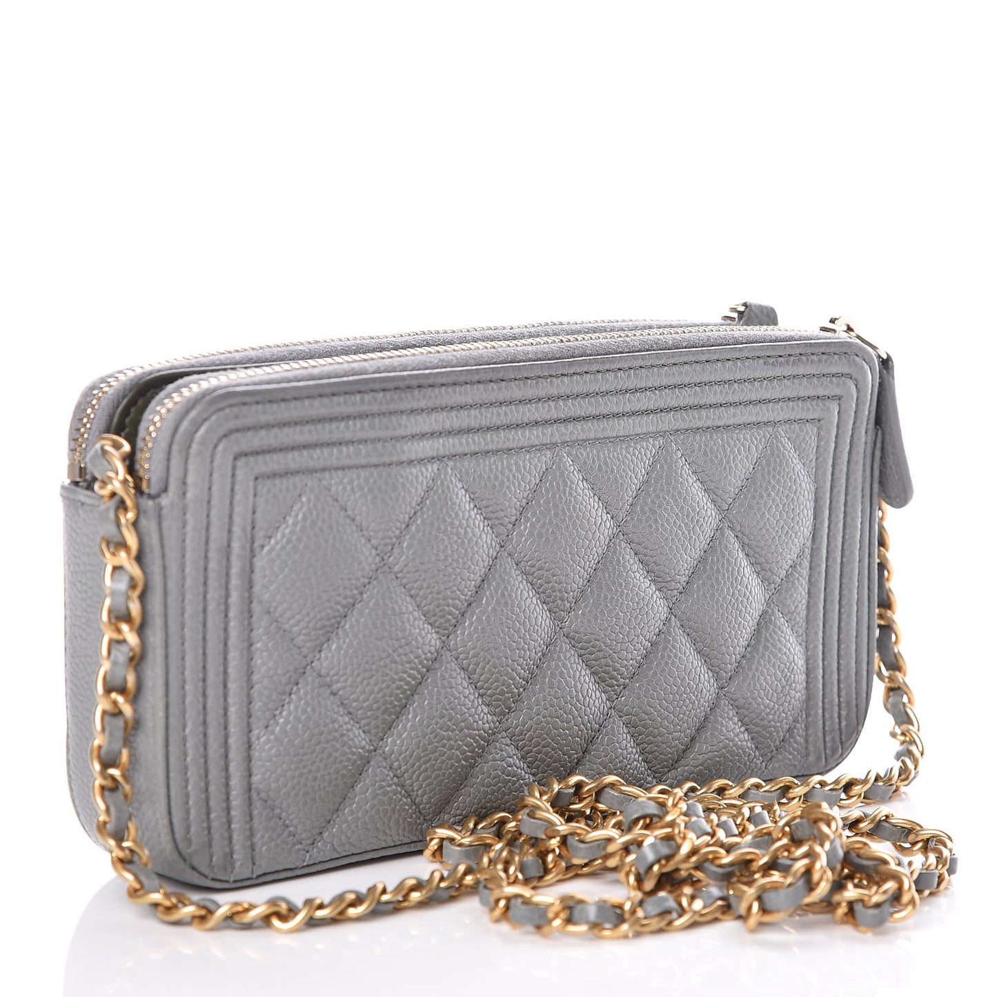 Caviar Quilted Small Boy Clutch With Chain Grey