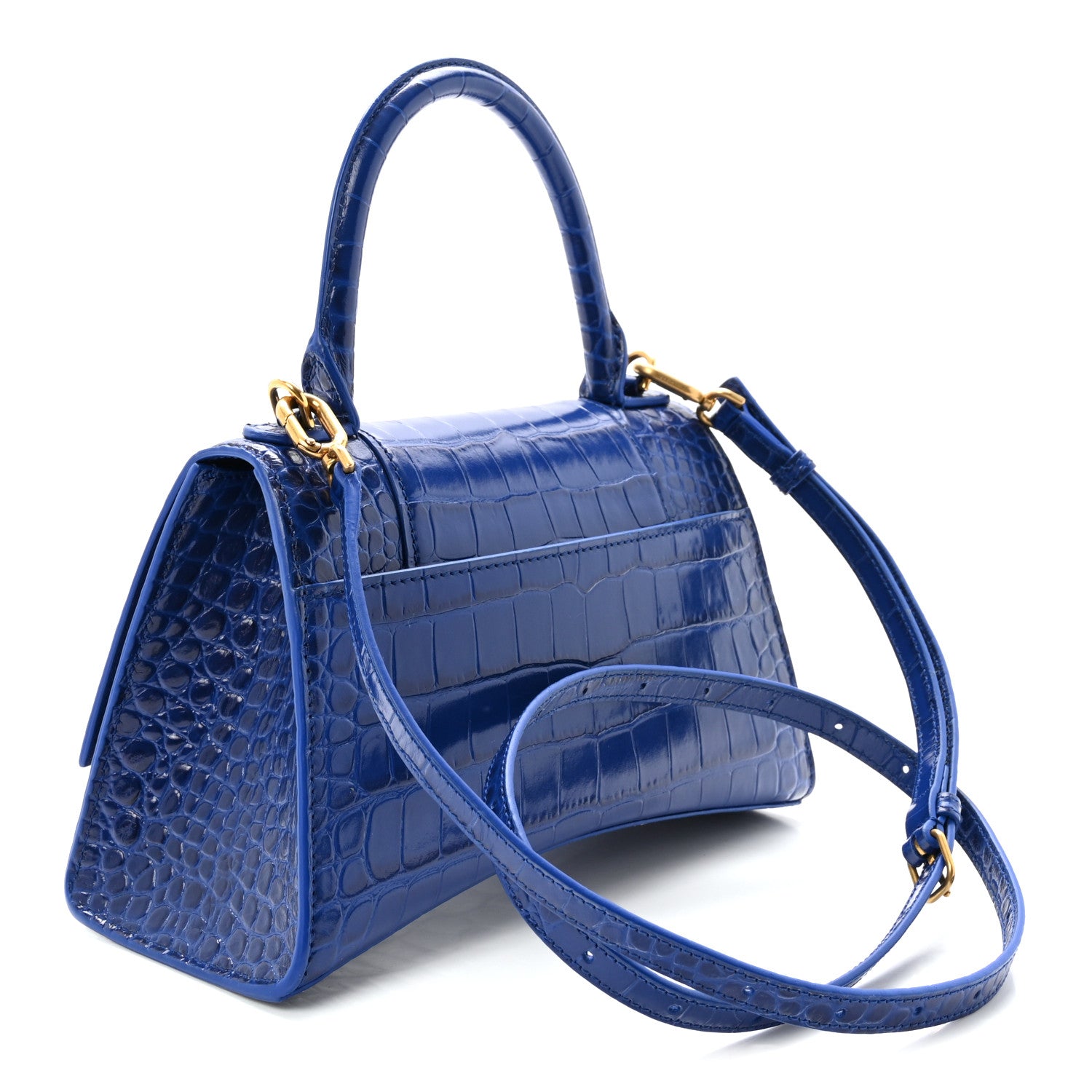 Balenciaga Shiny Calfskin Crocodile Embossed Small Hourglass Top Handle Bag Indigo 3 of 9