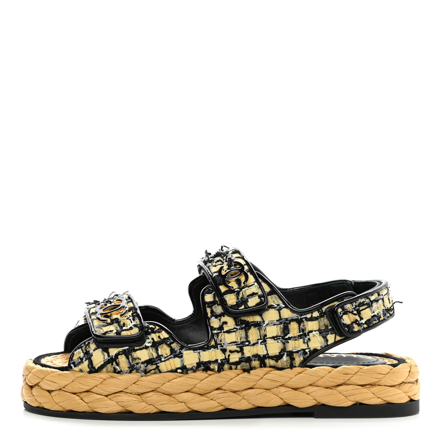 Chanel Tweed Patent Calfskin Velcro Dad Sandals 35 Yellow Black Gray 1 of 9