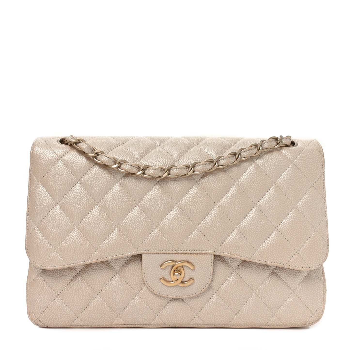 Iridescent Caviar Quilted Jumbo Double Flap Beige