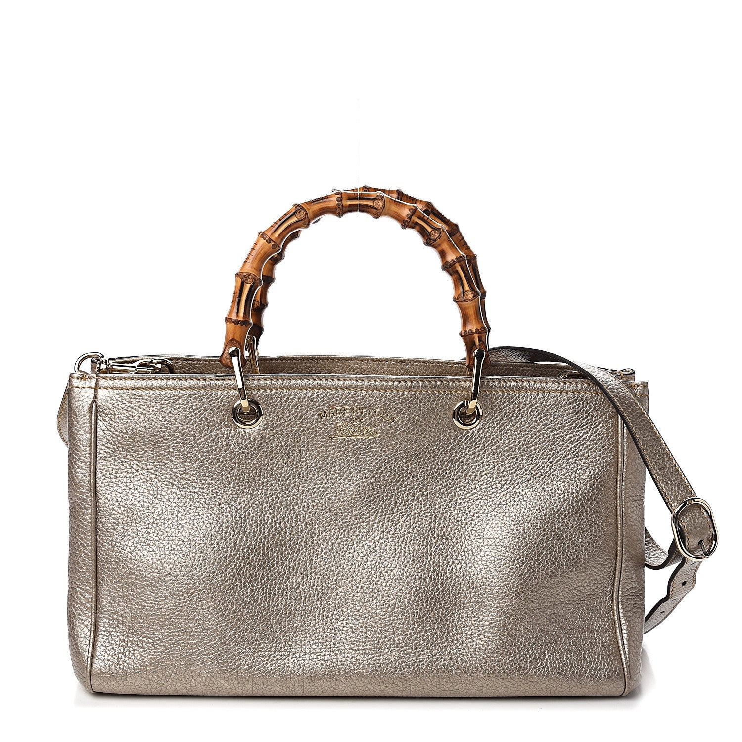 Gucci Metallic Pebbled Calfskin Medium Bamboo Shopper Tote Golden Beige 1 of 11