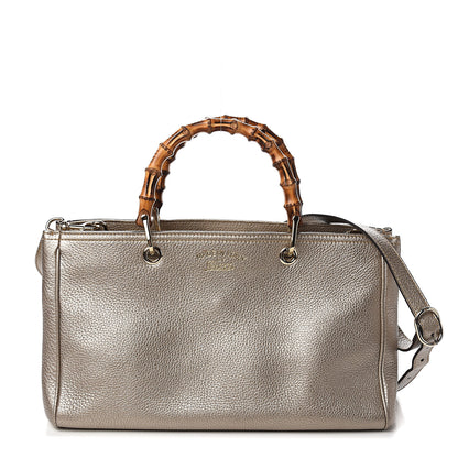 Gucci Metallic Pebbled Calfskin Medium Bamboo Shopper Tote Golden Beige 1 of 11