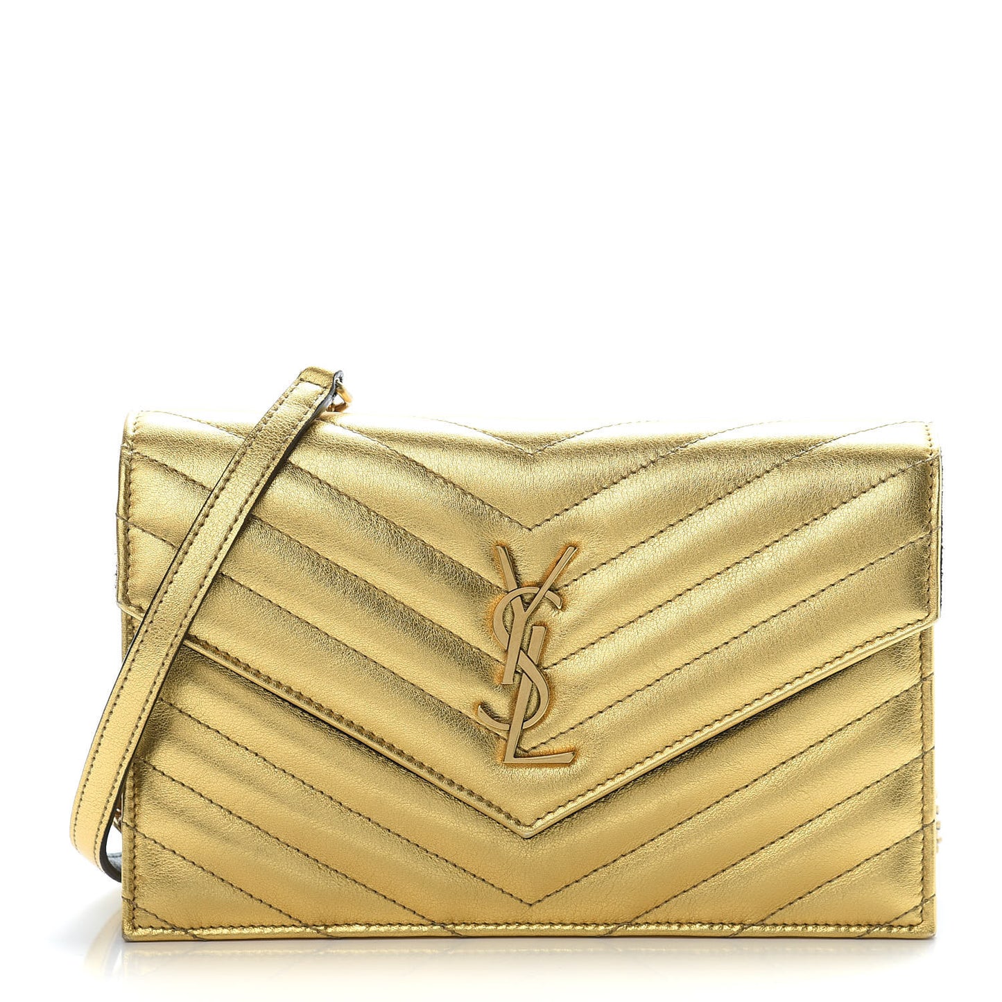 Metallic Calfskin Matelasse Chevron Monogram Envelope Chain Wallet Gold